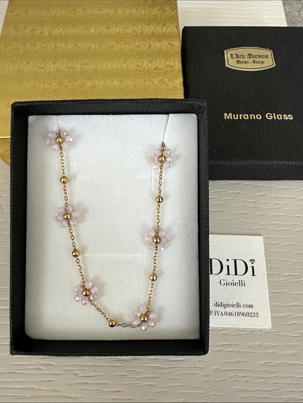 Gold and Pink Crystal Flower Necklace Italy